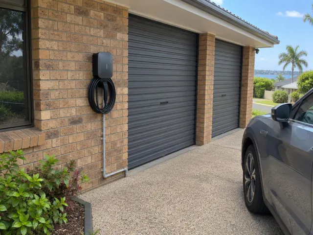 Wall-mounted EV charger on a brick garage wall beside a driveway and roller doors in Runaway Bay